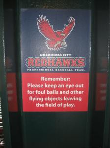 The standard foul-ball warning at Chickasaw Bricktown Ballpark, Oklahoma City.